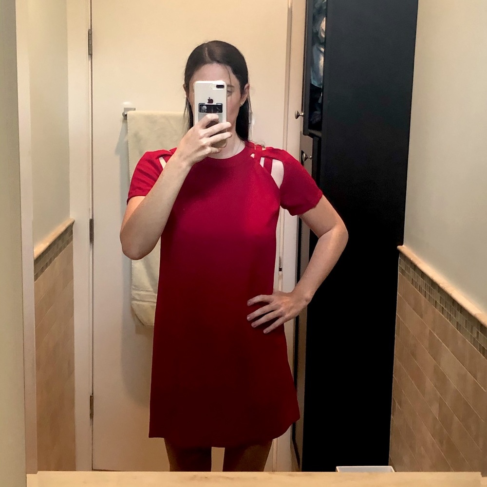Lulu’s Red Shift Dress with Cutout Shoulders